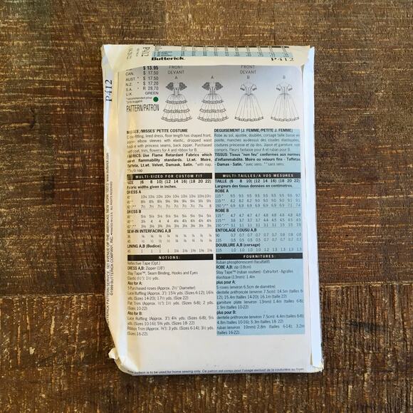 Butterick Sewing Pattern P412 Southern Belle Reenactment Costume 18-22 UNCUT - Picture 2 of 3
